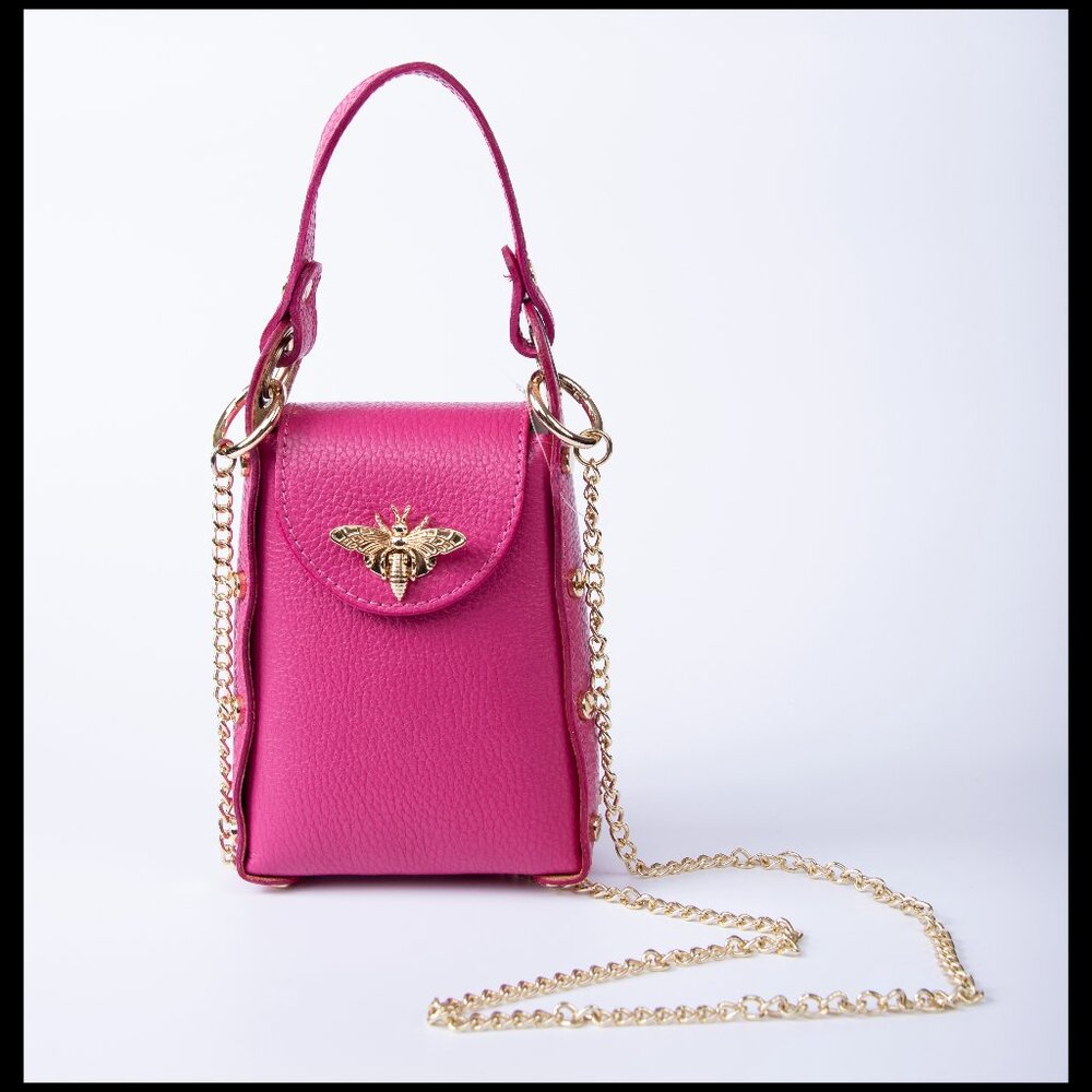 Vera Pelle Pink Italian Leather Honeybee Phone Crossbody Purse NWT